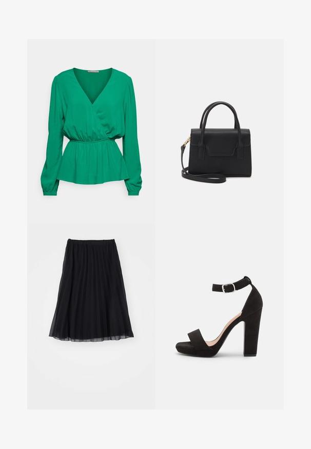 Anna Field Petite Blusa - green; Falda plisada negra de tela transparente, con cintura elástica. Su diseño fluido se extiende hasta la mitad de la pantorrilla, mostrando pliegues verticales.; Anna Field Sandalias - black; Bolso estructurado negro de cuero con un asa superior, correa de hombro desmontable y un detalle de tapa en la parte frontal. Acentos en dorado.