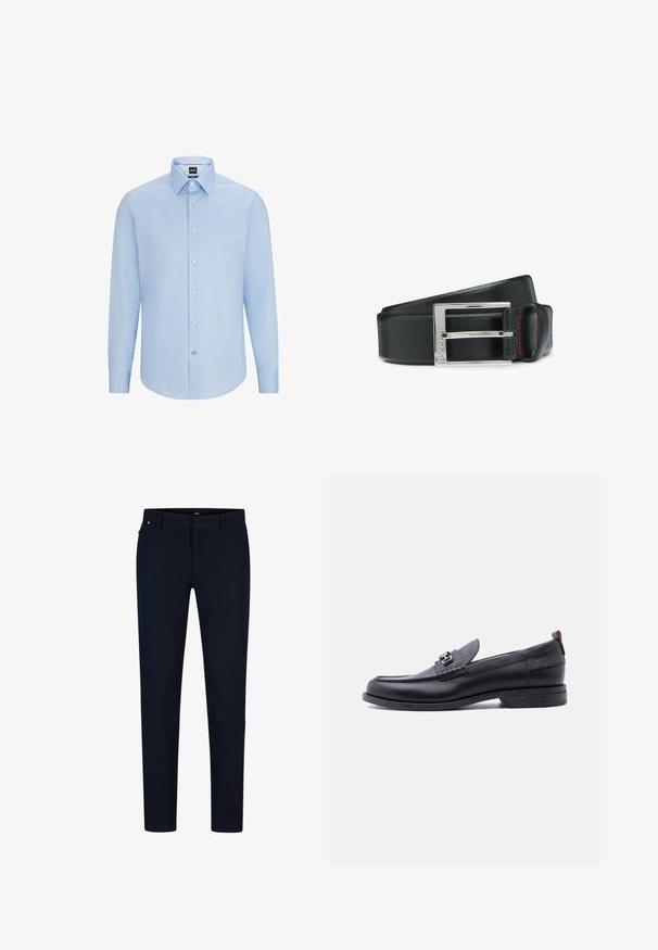 Lichtblauwe, langslijpende overhemD met klassieke kraag, gemaakt van een soepele stof. Voorzien van witte knopen aan de voorkant en cuffs.; Marineblauwe broek van gladde stof, met een slim fit, riemlussen en een verborgen ritssluiting. Er zijn geen opvallende patronen of accenten aanwezig.; Zwarte leren loafer met grijze, gestructureerde vamp, zilveren metalen gesp, lage hak en trekkoord aan de achterkant.; Zwarte leren riem met een zilveren vierkante gesp, verfraaid met rode stiksel langs de rand voor extra detail.