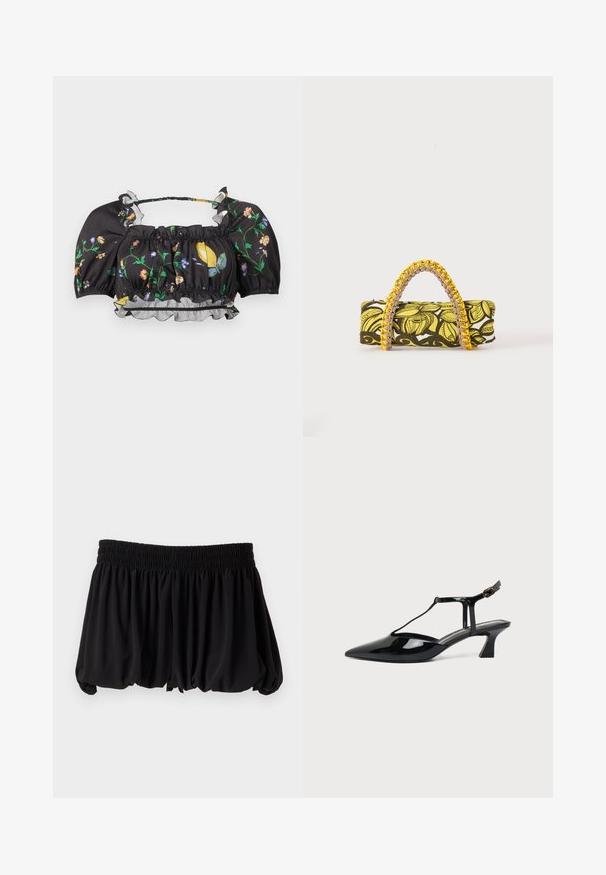 Blouse noire courte à manches bouffantes, imprimé floral et citrons, encolure et ourlet élastiques, avec un volant transparent en bas.; Mini-jupe noire avec un ourlet bouffant et une large ceinture élastique froncée sur un fond clair uni.; Chaussure slingback en cuir verni noir à bout pointu avec bride en T et petit talon bloc incliné sur fond blanc.; Sac rectangulaire avec motif floral jaune et noir et anse tressée jaune et rose sur fond blanc.