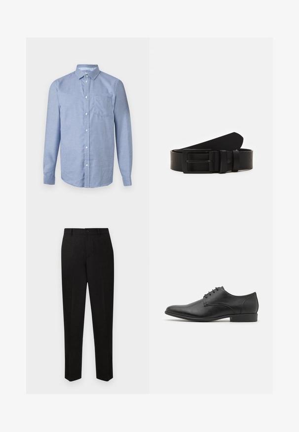 Chemise à manches longues à boutons, à petit motif à carreaux bleu et blanc, col classique et poche poitrine avant sur un fond neutre.; Pantalon noir sur mesure à coupe droite, doté d'une fermeture à bouton et d'une texture subtile. Pas de motifs ni d'accents visibles.; Chaussure habillée en cuir noir avec une finition lisse, un talon bas, un bout rond et six œillets pour les lacets. Design minimaliste.; Ceinture en cuir noir roulée avec une boucle en métal rectangulaire noir mat et deux passants sur fond blanc.