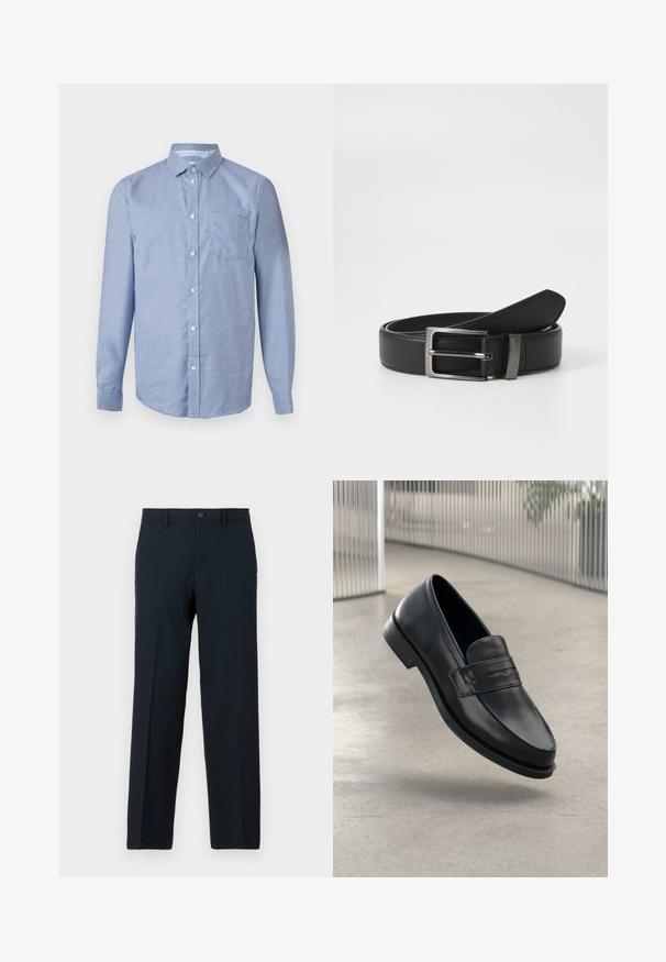 Overhemd met lange mouwen, knoopsluiting, met een klein blauw-wit geruit patroon, klassieke kraag en een borstzak aan de voorkant, op een neutrale achtergrond.; Zwarte slim-fit broek met knoop- en ritssluiting, ceintuurlussen en rechte pijp.; Zwarte leren loafer met een gladde textuur, spitse neus en een decoratieve band over de wreef. Lichtgewicht zool, minimalistisch ontwerp.; Zwarte leren riem met een zilveren metalen gesp, met een gladde afwerking en een klassiek ontwerp. De riem is netjes opgevouwen.