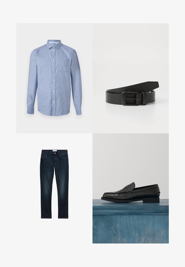 Langærmet skjorte med knapper, lille blå og hvid ternet mønster, klassisk krave og brystlomme foran på neutral baggrund.; Mørkeblå denim jeans med slim fit, der har fem lommer, knaplukning og diskret falmning foran for tekstur.; Sorte læderloafers med et slankt design, der har syning ved tåen og en glat finish. Skoen har en lav hæl og minimal udsmykning.; Sort læderbælte med spænde i mat sort metal, der har en glat tekstur og enkelt design. Justerbar længde med en tilspidset ende.