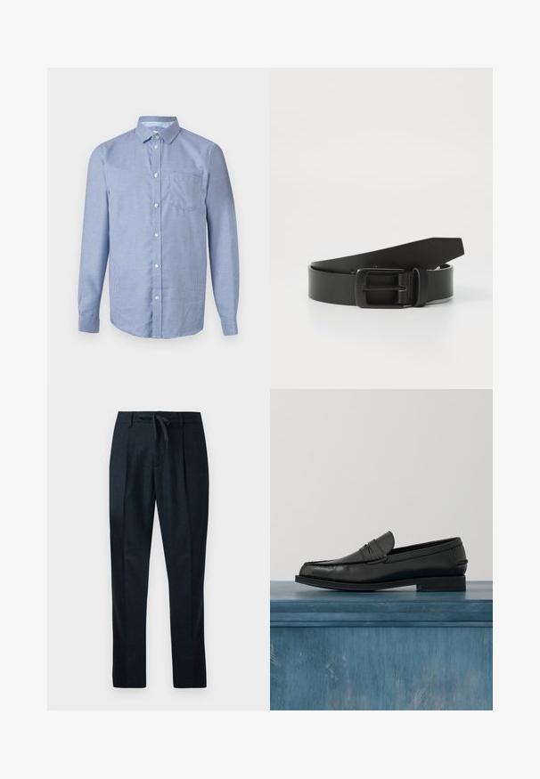 Langärmliges Hemd mit Knopfleiste, kleinem blau-weiß kariertem Muster, klassischem Kragen und aufgesetzter Brusttasche vor neutralem Hintergrund.; Marineblaue Hose aus strukturiertem Stoff, mit einem Kordelzugbund, geraden Beinen und zwei vorderen Falten für eine maßgeschneiderte Optik.; Schwarze Leder-Loafer mit schlankem Design, ausgestattet mit einer abgesteppten Zehe und einer glatten Oberfläche. Der Schuh verfügt über einen flachen Absatz und minimale Verzierungen.; Schwarzer Leder Gürtel mit einer mattschwarzen Metallschließe, ausgestattet mit einer glatten Textur und einfachem Design. Verstellbare Länge mit zulaufendem Ende.