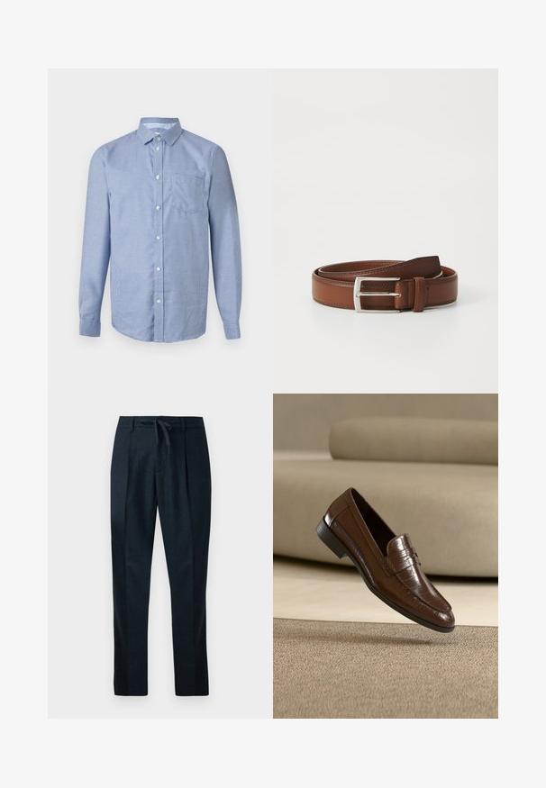 Camisa de manga larga con botones, patrón de cuadros pequeños en azul y blanco, cuello clásico y bolsillo frontal en el pecho sobre un fondo neutro.; Pantalones azul marino hechos de un tejido texturizado, con cintura con cordón, piernas rectas y dos pliegues frontales para un aspecto ajustado.; Mocasín de cuero marrón con un patrón texturizado flotando sobre una alfombra beige con un sofá beige a juego de fondo.; Cinturón de cuero marrón con un acabado liso, que presenta una hebilla de metal plateado y costuras sutiles a lo largo de los bordes. Diseño clásico y duradero.