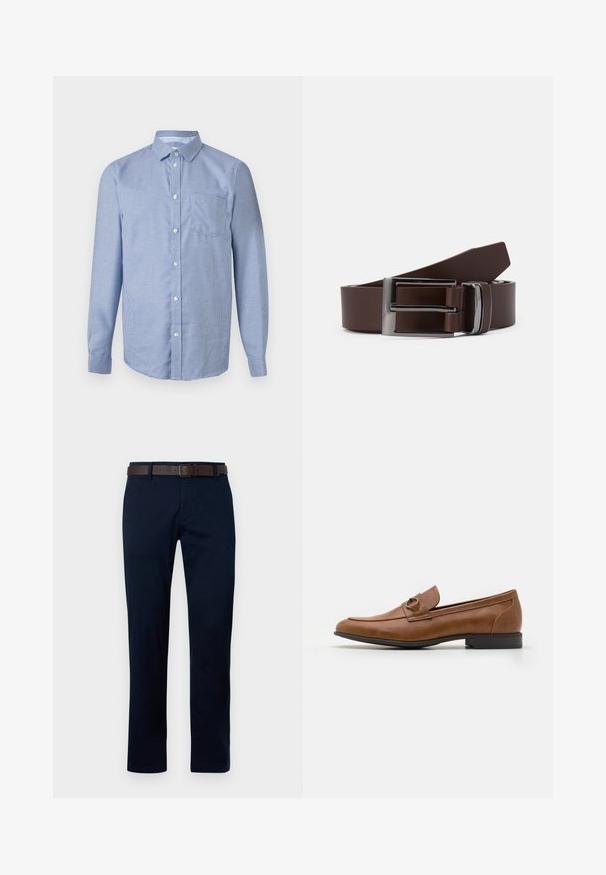 Overhemd met lange mouwen, knoopsluiting, met een klein blauw-wit geruit patroon, klassieke kraag en een borstzak aan de voorkant, op een neutrale achtergrond.; Marineblauwe trousers met een rechte pasvorm, gemaakt van katoen. Bevat een bruine leren riem en heeft een eenvoudig ontwerp zonder patronen of accenten.; Bruine leren loafers met een platte hak, voorzien van een decoratieve metalen accent aan de voorkant, elegant ontwerp en een gladde textuur.; Bruine leren riem met een zilveren metalen gesp, voorzien van een gladde textuur en een strakke, rechthoekige vorm. Eenvoudig en functioneel.
