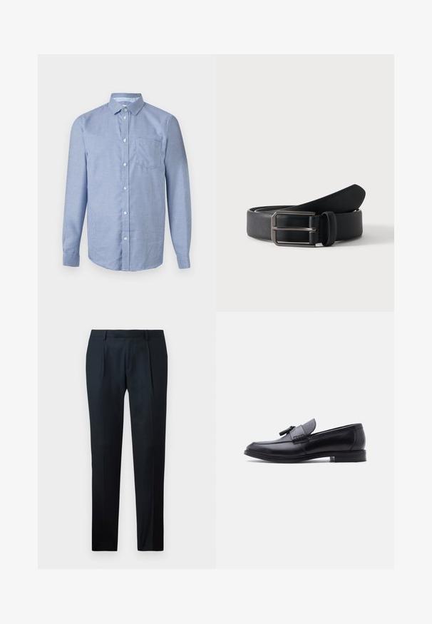 Camisa de manga larga con botones, patrón de cuadros pequeños en azul y blanco, cuello clásico y bolsillo frontal en el pecho sobre un fondo neutro.; Pantalones negros a medida, confeccionados en una tela suave, con un diseño de corte ajustado, dos pliegues frontales y una cinturilla plana sin hardware visible.; Mocasín de cuero negro con panel de tela gris texturizada y detalle de borlas, tacón bajo y punta redondeada, mostrado de perfil sobre fondo blanco.; Cinturón de cuero negro enrollado con hebilla rectangular de metal plateado sobre un fondo claro y sencillo.