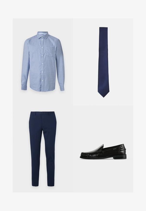 Chemise à manches longues à boutons, à petit motif à carreaux bleu et blanc, col classique et poche poitrine avant sur un fond neutre.; Pantalon habillé bleu marine à coupe droite, confectionné dans un tissu lisse. Il est doté d'une fermeture frontale par bouton et de deux poches latérales.; Mocassin en cuir noir à enfiler avec des détails tressés sur les côtés et un petit talon sur fond blanc uni.; Cravate marine présentant un motif texturé à rayures diagonales. Le design est slim avec une pointe élégante, fabriqué en matière tissée lisse.