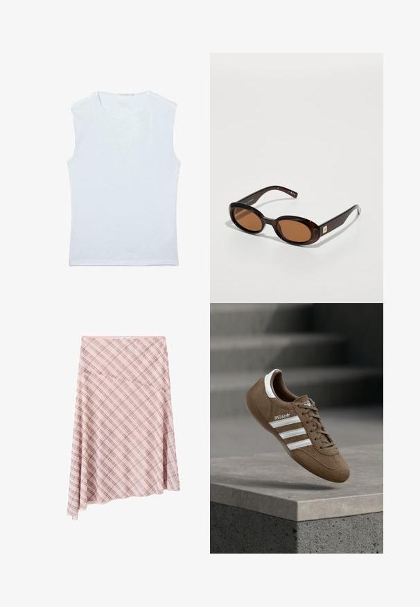 Débardeur sans manches en coton blanc avec encolure ronde et un design simple et uni.; Jupe asymétrique rose à carreaux avec motif à carreaux diagonal et petite étiquette de marque à la taille sur fond blanc.; Baskets Adidas Spezial en daim marron avec des bandes blanches et des lacets, flottant au-dessus d'un rebord en béton gris sur un fond d'escaliers flous.; Lunettes de soleil écaille de tortue marron avec des verres ovales, dotées d'une fine monture et d'un petit accent métallique sur le côté. Fini texturé et poli.