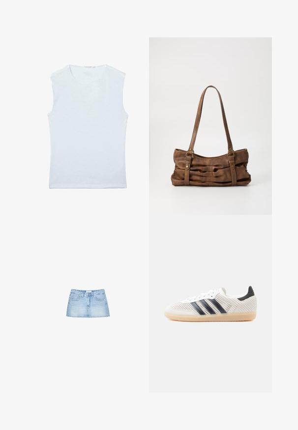 Ærmeløs hvid bomulds tanktop med rund halsudskæring og et enkelt, ensfarvet design.; Lysblå denimminiskørt med lige snit, fem lomme, og frontknaplukning med bæltestropper. Glat tekstur.; Hvide mesh-sneakers med sort tre-stribet design, rundet tå og gummisål. Har blød hælkant og snørelukning.; Even&Odd by Zalando Håndtasker - brown