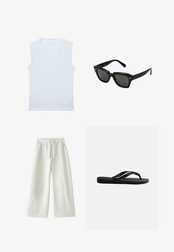 Débardeur sans manches en coton blanc avec encolure ronde et un design simple et uni.; Pantalon blanc à jambes larges avec taille élastique, cordon de serrage à l'avant, poches latérales, et détails de coutures visibles sur un fond uni.; Tongs en caoutchouc noir avec semelle texturée et bride en Y lisse sur un fond clair uni.; Lunettes de soleil carrées noires avec des verres vert foncé, présentant des montures audacieuses et des accents argentés sur les côtés. Fabriquées en Italie.