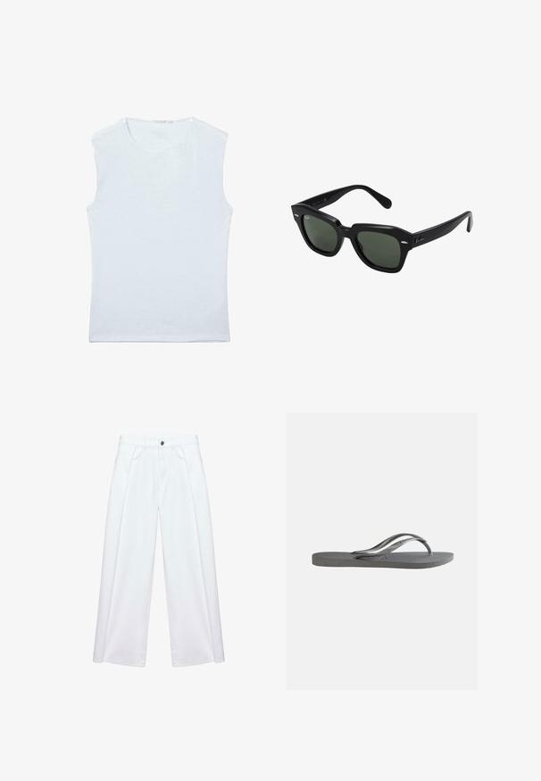 Ärmelloses weißes Baumwoll-Trägershirt mit rundem Ausschnitt und einfachem, schlichtem Design.; Weiße Hose mit weitem Bein, Frontfalten, Gürtelschlaufen, seitlichen Taschen sowie Knopf- und Reißverschluss.; Flache graue Flip-Flop-Sandale mit strukturiertem Fußbett und dünnen Y-förmigen Riemen, von der Seite vor einem schlichten hellen Hintergrund gezeigt.; Schwarze quadratische Sonnenbrillen mit dunkelgrünen Gläsern, ausgestattet mit markanten Rahmen und silbernen Akzenten an den Seiten. Hergestellt in Italien.