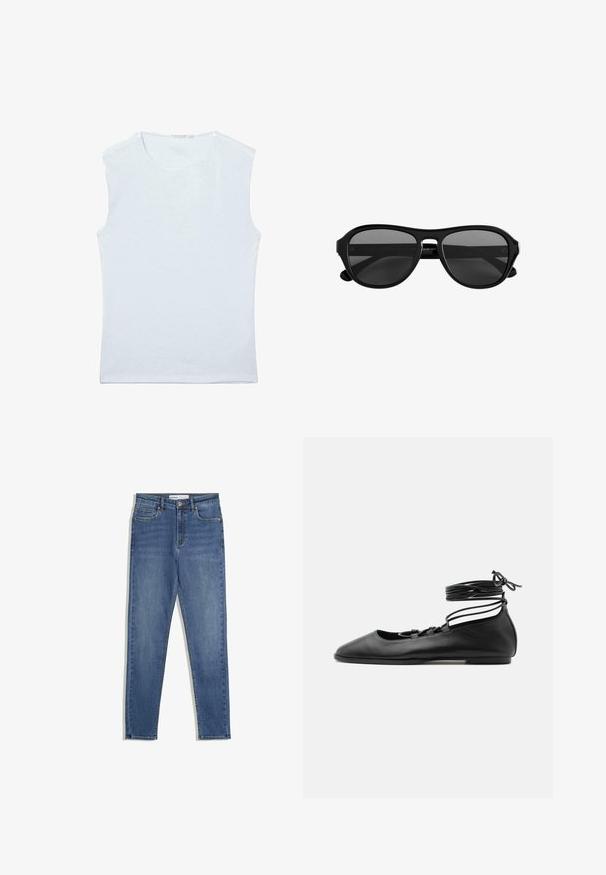 Ärmelloses weißes Baumwoll-Trägershirt mit rundem Ausschnitt und einfachem, schlichtem Design.; Blaue Denim-Jeans mit hoher Taille, slim Fit, Fronttaschen, Reißverschluss und kontrastierenden Nähten. Strukturierte Gestaltung mit glatter Textur.; Schwarzer flacher Ballettschuh aus Leder mit spitzer Kappe, mehreren dünnen Riemen über dem Spann und Schnürsenkeln, die um den Knöchel gewickelt sind.; Schwarze Sonnenbrille mit Kunststoffrahmen, dunkel getönten Gläsern und schmaler Brücke, von vorne vor weißem Hintergrund gezeigt.