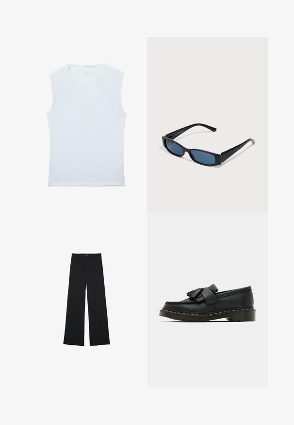 Débardeur sans manches en coton blanc avec encolure ronde et un design simple et uni.; Pantalons larges noirs en tissu lisse. Présentent une coupe classique, des poches avant et une taille avec un bouton de fermeture.; Mocassins en cuir noir avec un bout rond, présentant un détail à franges et une bande décorative à l'avant, montés sur un talon épais.; Lunettes de soleil noires avec une monture rectangulaire élégante et des verres bleus. Présente une texture lisse et des branches robustes. Logo de la marque sur le côté.