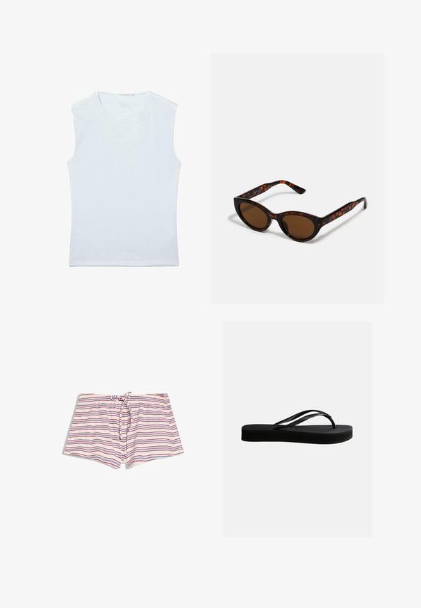 Débardeur sans manches en coton blanc avec encolure ronde et un design simple et uni.; Shorts blancs avec des rayures horizontales rouges et bleues, taille élastique et cordon de serrage à l'avant.; Tongs en caoutchouc noir avec semelle texturée et bride en forme de Y, vues de côté sur un fond clair uni.; Lunettes de soleil en écaille de tortue marron avec une forme vintage de lunettes cat-eye et des verres marron. Présente des branches courbées avec des accents rouges.