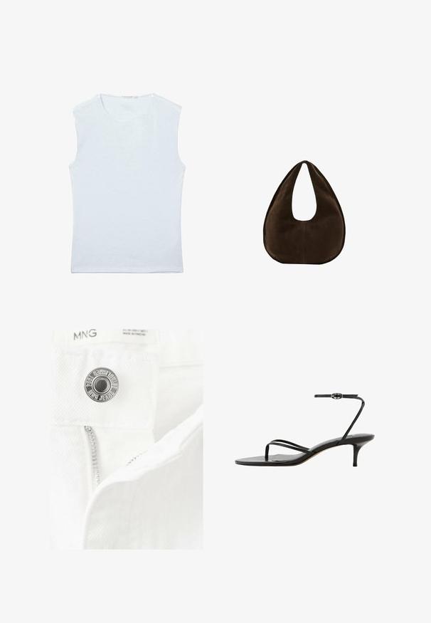 Débardeur sans manches en coton blanc avec encolure ronde et un design simple et uni.; Bouton argenté et jean en denim blanc partiellement dézippé avec étiquette visible de la marque MNG au-dessus de la ceinture.; Sandale noire à brides fines avec boucle fine à la cheville, boucle pour l’orteil et talon kitten fin de hauteur moyenne sur fond blanc.; Sac à main en daim marron foncé en forme de croissant avec une seule sangle large et une texture lisse sur fond blanc.