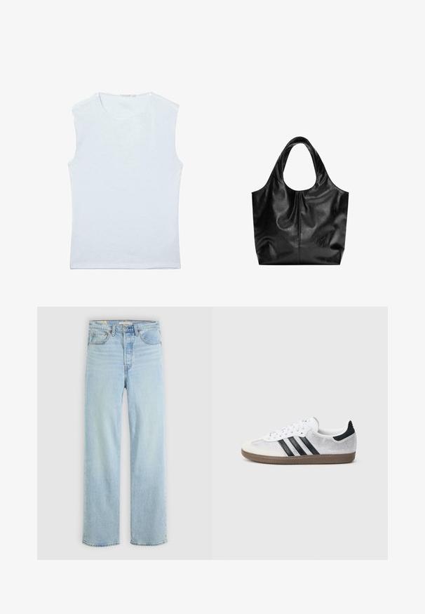 Mouwloos wit katoenen singletje met ronde hals en een eenvoudig, effen ontwerp.; Lichtblauwe denim jeans met een recht model, voorzien van vijf zakken, een klassieke ritsopening en zichtbare stikselaccenten.; Witte mesh sneaker met zwarte strepen, beige suède neuskapje en hielaccent, gestructureerde rubberen zool en witte veters. Klassiek ontwerp met lage schacht.; Zwarte leren tote bag met een gladde textuur, een zachte ronde bovenkant en brede handvatten. Kenmerkt zich door minimale stiksels en een slungelige silhouet.