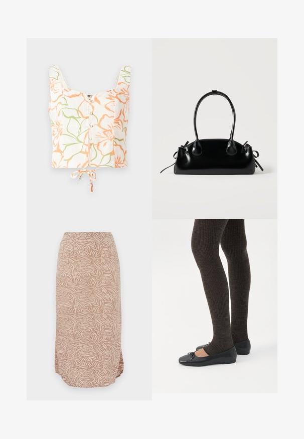Billabong FEELIN FLORAL - Top - salt crystal; Midi-længde beige nederdel med abstrakt blomster- og zebrastribet mønster, der har en buet kant og blødt, letvægtsstof.; Ben iført mørke ribbede leggings kombineret med sorte balletsko med små sløjfedetaljer på hvid baggrund.; Lille sort blank håndtaske med to lange håndtag og snøre-detaljer i siden på en ensfarvet lys baggrund.