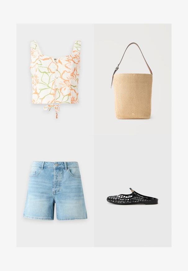 Billabong FEELIN FLORAL - Top - salt crystal; Lichtblauwe denim shorts met een klassieke snit, voorzien van voorzakken, een metalen knoopsluiting en subtiele vervaging op de stof.; Tory Burch MELLOW MARY JANE - Muiltjes - perfect black/gold; Beige geweven totebag met een enkele verstelbare bruine leren schouderband en klein geëmbosseerd logo vlak bij de onderkant.