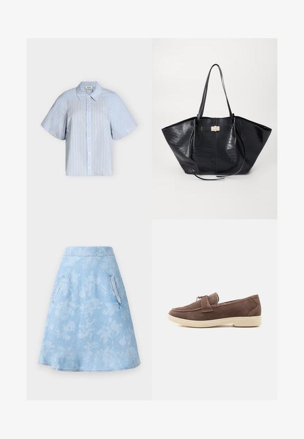 Lyseblå kortærmet skjorte med lodrette beige og hvide striber og klassisk krave på hvid baggrund.; Denim A-linje nederdel i lys blå med subtilt blomstermønster, som har to sidelommer og en glat, kantet finish.; Brun ruskindsloafer med cremefarvet gummisål og dekorativ metal detalje på overdelen, vist i sideprofil på en hvid baggrund.; Sort tote taske med krokodillemønster, glat tekstur, dobbelte skulderremme og en central detalje i guldfarvet metal.