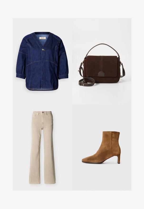 Mørkeblå denimjakke med V-udskæring, løstsiddende ærmer og pufærmer. Har kontrasterende syninger og en enkelt frontknapdetalje.; Beige højtaljede jeans med knap- og lynlåslukning foran, fem lommer og en let flared benåbning mod en ensfarvet baggrund.; Brune ruskinds ankelstøvle med spids tå og slank hæl i mellem højde, set fra siden på en ensfarvet hvid baggrund.; Brun ruskinds messenger taske med en flad frontklap, brune læderdetaljer, en justerbar rem og minimalistisk design.