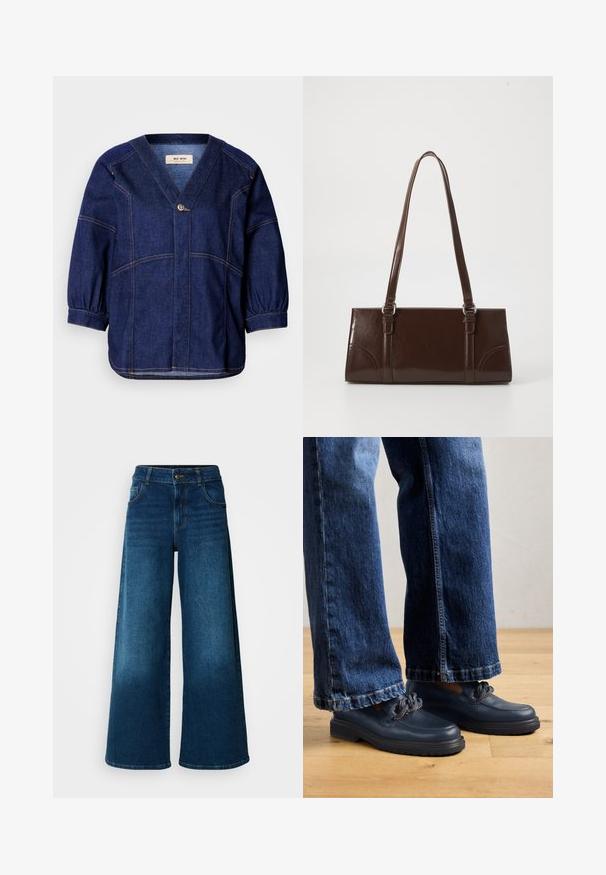Chaqueta de mezclilla azul oscura con escote en V, mangas de corte holgado y puños fruncidos. Presenta costuras en contraste y un detalle de un solo botón en la parte frontal.; Jeans de pierna ancha hechos de denim azul oscuro. Presentan una cintura alta, cierre de botón y un diseño clásico de cinco bolsillos con un ligero desgaste.; Zapatos de cuero azul marino con suela gruesa y detalle de cadena en la parte superior, combinados con unos vaqueros de mezclilla oscura de corte holgado.; Bolso de mano de piel sintética marrón con forma rectangular, dos asas largas y sutiles acentos curvados en la parte delantera.