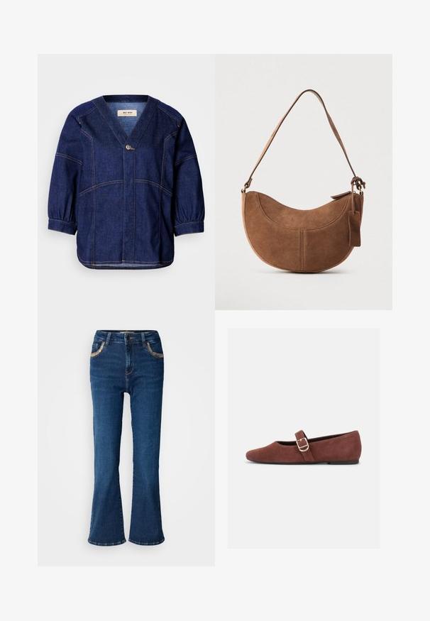 Mørkeblå denimjakke med V-udskæring, løstsiddende ærmer og pufærmer. Har kontrasterende syninger og en enkelt frontknapdetalje.; Mørkeblå brede jeans med en glat denimoverflade, kontrasterende gyldne syninger og forlommer. Klassisk fem-lomme design.; Brun ruskind Mary Jane-flad sko med en guldspænde og sort sål på hvid baggrund.; Brun ruskinds håndtaske med en buet, halvmåneformet silhuet. Har en skulderrem, et lille mærke og synlige sømme langs kanterne.