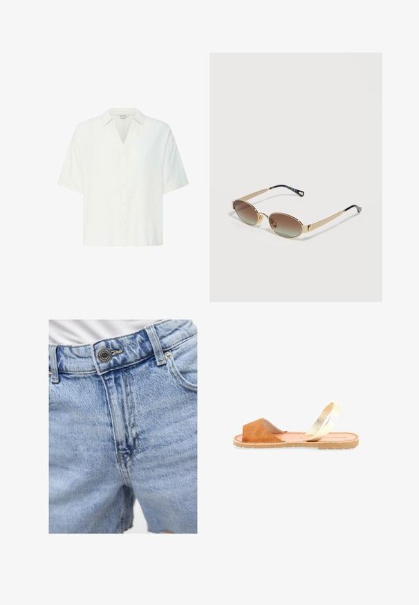 Hvid kortærmet skjorte med knapper, krave, lige kant og afslappet pasform.; Lyseblå denim shorts med høj talje, synlig syning, to forlommer og metalknaplukning. Glat tekstur.; Brun læderåben-tå sandal med flad sål og enkelt metallisk gyldent ankelrem, vist i sideprofil på hvid baggrund.; Ovale solbriller med guldmetalstel og brune gradientlinser, sorte stangender, vist mod en lys baggrund.