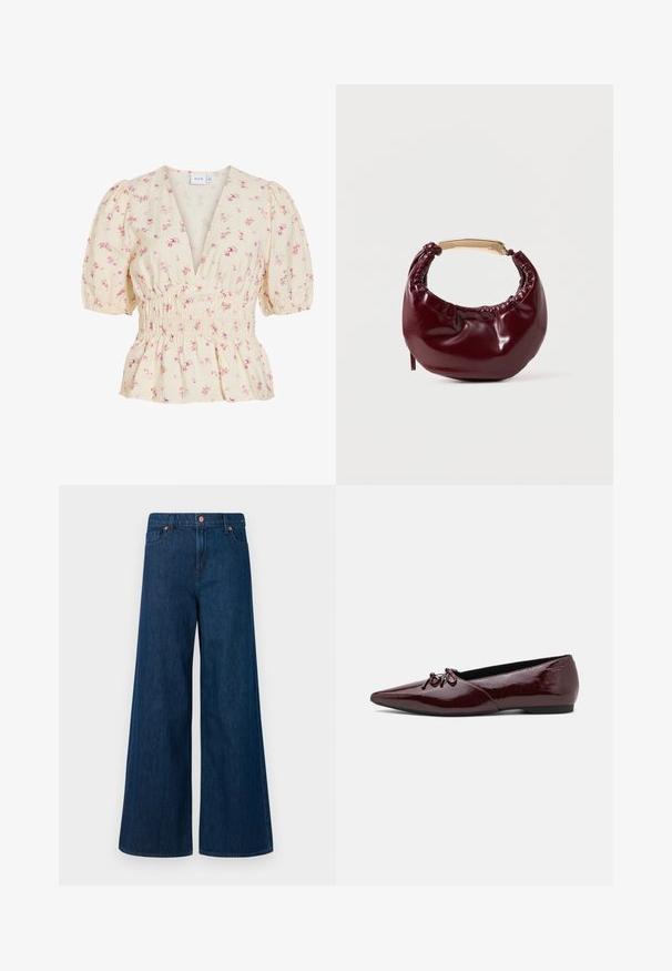 Blouse crème avec imprimé floral rose, col en V profond, manches bouffantes et taille smockée élastiquée.; Jeans en denim bleu à jambe large avec fermeture à bouton sur le devant, passants de ceinture et design à cinq poches sur un fond blanc.; Ballerines en cuir laqué bordeaux avec un bout pointu et un nœud décoratif à l'avant. Texture lisse avec un petit talon plat.; Sac à main en simili cuir bordeaux avec une forme arrondie, des détails froncés et une anse en métal doré. Texture lisse et finition brillante.