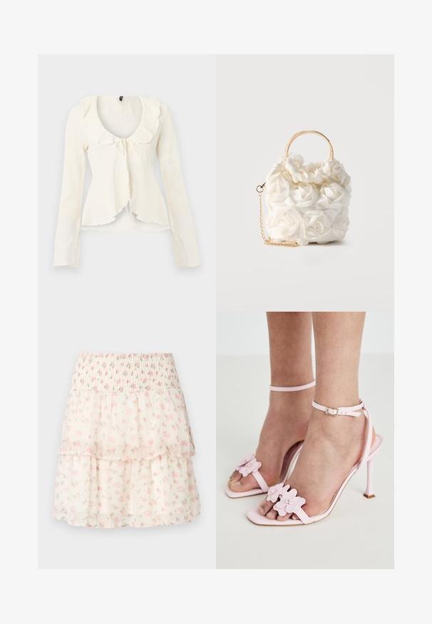 Blusa crema de manga larga con cuello con volantes y detalle de lazo en la parte delantera, confeccionada en tela texturizada y con bajo ligeramente acampanado.; Falda floral con capas hecha de tejido ligero. Presenta una cinturilla fruncida, flores rosas y un fondo crema con una textura suave y transparente.; Sandalias de tacón alto rosas con apliques florales, tiras delgadas en el tobillo y diseño destalonado. Textura suave y forma de puntera puntiaguda.; Bolso blanco adornado con rosas de tela, con un asa circular dorada y una correa de cadena dorada sobre un fondo liso.
