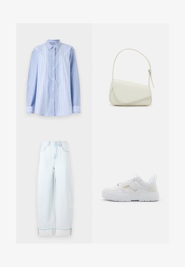 Langärmliges Hemd mit blauen und weißen Streifen aus leichtem Stoff, mit einem klassischen Kragen und einer Knopfleiste an der Vorderseite.; Helle blaue weit geschnittene Jeans aus Denim, mit hoher Taille, Fronttaschen und einem umgeschlagenen Saum mit sichtbaren Nähakzenten.; Weiße Sneakers mit chunky Design, gefertigt aus Leder und synthetischen Materialien, mit strukturierten Details, Schnürsenkeln und einem auffälligen Logo in Gold.; Weiße Kunstleder-Handtasche mit einer strukturierten dreieckigen Form, einem verstellbaren Einzelgurt und einem Klappenverschluss mit geschwungenen Akzenten.