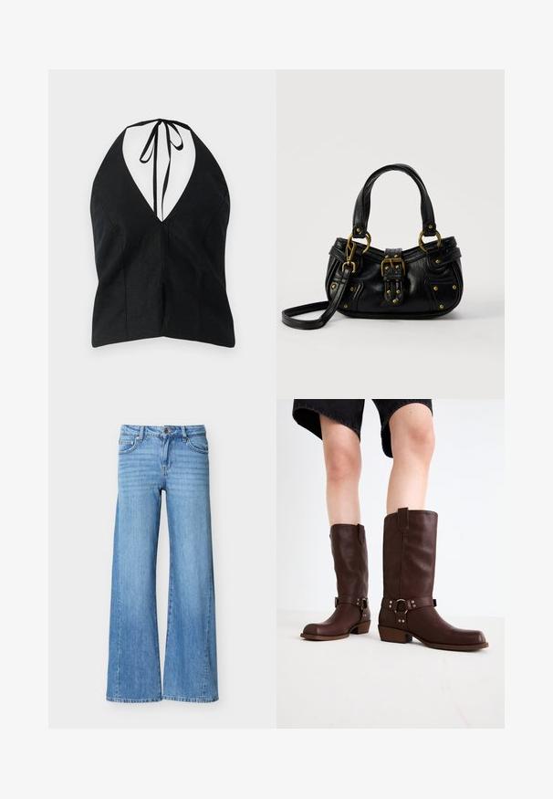 Sort halterneck top med en dyb V-udskæring, lavet af tekstureret stof. Har bindebånd lukning bagpå og sideslids.; Lyseblå denimjeans med høj talje, knap- og lynlåslukning, forlommer og vide ben.; Brune læder knæhøje støvler med rund tå, struktureret overflade, ankelrem og sølvhardware detaljer; stablet hæl.; Sort læderhåndtaske med guldbælge og nitdetaljer, korte håndtag og en justerbar skulderrem på en ensfarvet hvid baggrund.