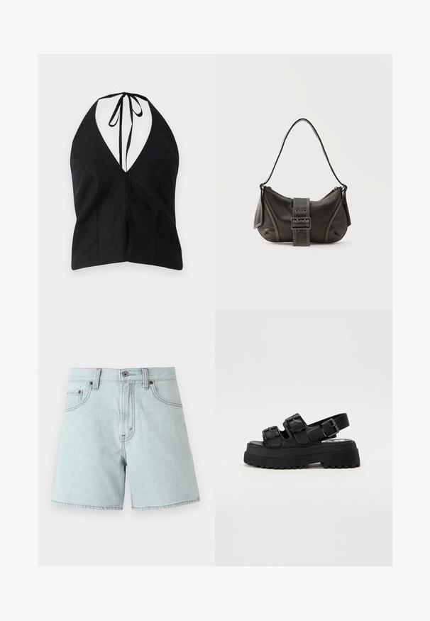 Sort halterneck top med en dyb V-udskæring, lavet af tekstureret stof. Har bindebånd lukning bagpå og sideslids.; Lyseblå denimshorts med høj talje, der har to forlommer, en knaplukning og detaljer med sidesyning.; Sorte platform sandaler med tre justerbare spænder, en tekstureret sål og en glat overdel. Designet med en solid, chunky silhuet.; Sort læder skuldertaske med spænde på remmen, afrundede kanter og kontrasterende hvide syninger på en ensfarvet baggrund.