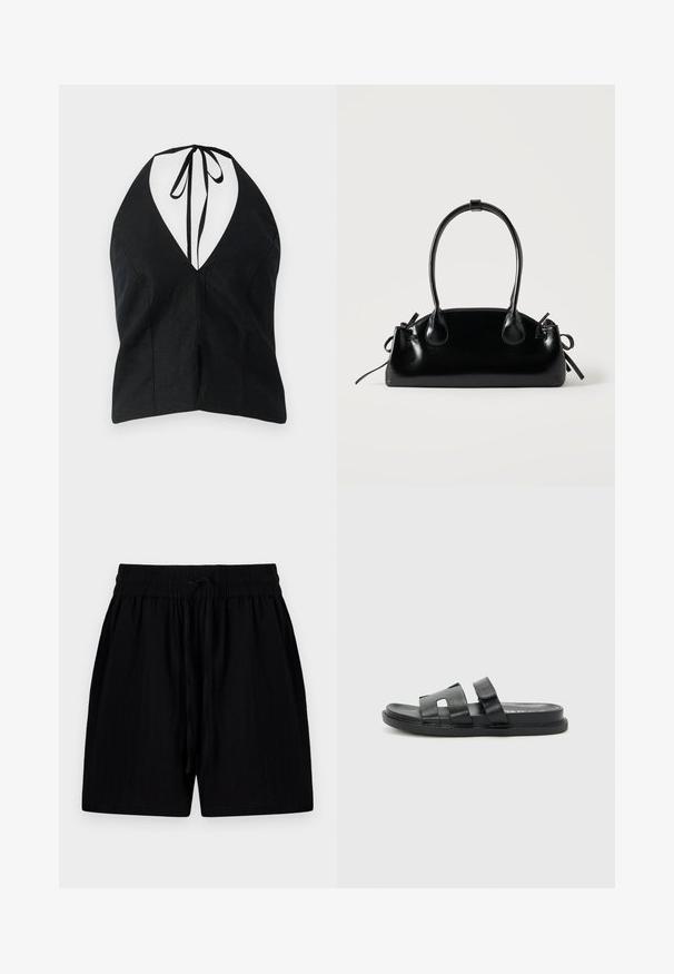 Haut à col halter noir avec un décolleté en V profond, fabriqué en tissu texturé. Il présente un lien de fermeture à l'arrière et des fentes sur les côtés.; Shorts noirs en tissu léger avec une ceinture à cordon de serrage, comportant des poches latérales et une surface texturée.; Sandales à glissière en cuir noir avec deux larges sangles, design ouvert à l'avant et semelle plate. Style minimaliste avec des détails cousus sur la semelle.; Petit sac à main noir brillant avec deux longues anses et des détails à cordon sur les côtés sur un fond clair uni.