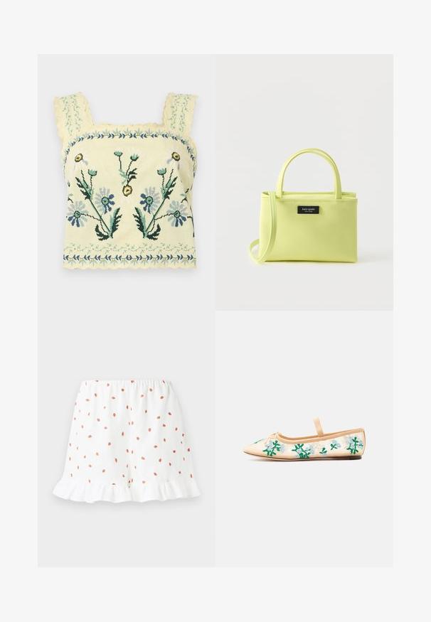Gul cropped top med blå og grøn blomsterbroderi og bølget kant på stropper og kant.; Hvide shorts med små røde jordbærtryk overalt, bølget kant og elastisk talje for komfort. Fremstillet af letvægtsstof.; Beige balletsko med spids tå, enkeltrem og grønne samt lyseblå blomsterbroderier på gennemsigtige sider.; Lille rektangulær lysegrøn håndtaske med to håndtag og aftagelig skulderrem mod en ensfarvet baggrund.