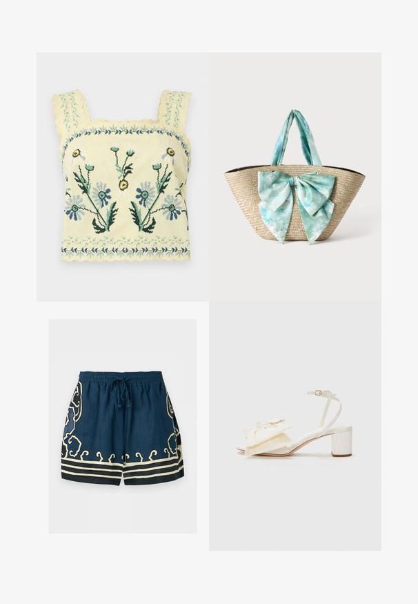 Top court jaune avec broderie florale bleue et verte et bords festonnés sur les bretelles et l'ourlet.; Short bleu marine avec des volutes décoratives beige et des rayures, taille élastiquée et cordon de serrage à l’avant.; Loeffler Randall CARMEN - Sandales - cream; Sac cabas en paille tressée avec de larges anses en tissu tie-dye bleu clair et blanc et un grand nœud assorti en tissu à l'avant.