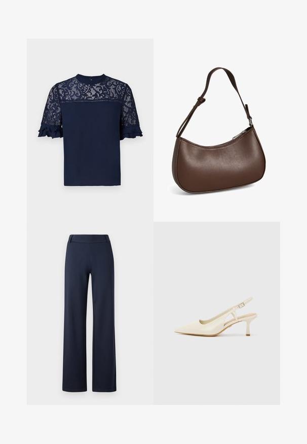 Blusa de color navy con mangas de encaje y dobladillo con volantes. Tejido suave, escote redondo y patrón de encaje intrincado en los hombros y las mangas.; Pantalones de pierna ancha en azul marino, fabricados con un material suave y elástico. Cuentan con una cinturilla plana y una textura suave; sin patrones visibles ni herrajes.; Tacones tipo slingback en color beige, fabricados en cuero suave. Presentan una punta afilada, un diseño con recortes y un tacón cilíndrico bajo para mayor estabilidad.; Pequeño bolso bandolera de cuero marrón con correa ajustable y cierre de cremallera, mostrado sobre un fondo blanco. Sin logotipos ni adornos visibles.