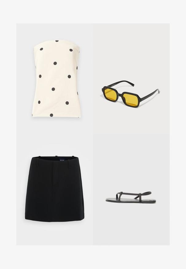 Haut bustier couleur crème avec de grands pois noirs espacés de manière régulière, tissu ajusté et lisse.; Jupe noire avec une texture de tissu lisse, au design minimaliste, deux poches avant et une longueur mi-cuisse. Comprend des passants de ceinture à la taille.; Sandales plates noires avec des sangles fines et texturées, au design minimaliste. La semelle est lisse et la forme globale est élégante et discrète.; Lunettes de soleil rectangulaires noires avec des verres jaunes. Les caractéristiques incluent des montures épaisses et un design anguleux avec une finition lisse et brillante.