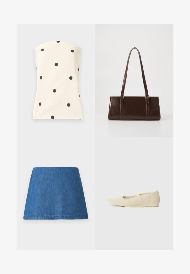 Kreemika värvi rihmadeta top, millel on ühtlaselt jaotatud suured mustad täpid, keha järgnev ja sile kangas.; Keskmise sinise tooni denim mini-seelik, millel on klassikaline A-linje kuju, puhas serv ja ei mingeid nähtavaid kaunistusi ega mustreid.; Beezid balletikingid, millel on sujuv nahast välimus, mandli kujuline nina ja elastne rihm üle jala, millel on peened õmblustavad detailid.; Pruun läikiv naha käekott, millel on ristkülikuline kuju, kaks pikka käepidet ja esipaneelil peened kõverad aktsendid.