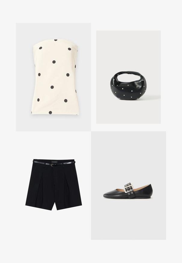 Top sin tirantes color crema con grandes lunares negros espaciados uniformemente, tela ajustada y lisa.; Shorts negros a medida con pliegues, que cuentan con un cinturón negro delgado con hebilla dorada. Elaborados en un tejido suave, ofrecen un aspecto pulido.; Zapato plano de cuero negro con punta puntiaguda y una tira decorativa con hebilla, con herrajes plateados y pequeños recortes.; Bolso de mano de cuero negro con forma redondeada, decorado con detalles de tachuelas plateadas y un asa corta. Textura lisa y cierre con cremallera.