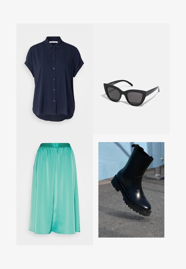 Dunkelblaues kurzärmliges Hemd mit Knopfleiste, Kragen, glatter Stoff und abgerundetem Saum. Verfügt über sechs Knöpfe auf der Vorderseite.; Re.draft FLOATY SKIRT - A-Linien-Rock - dark pistacchio; Schwarzer Leder-Stiefelette mit elastischen Seitenteilen, rundlicher Spitze und einer dicken, strukturierten Sohle. Glatte Oberfläche mit minimalistischem Design.; Schwarze Cat-Eye-Sonnenbrille mit matter Oberfläche, grauen getönten Gläsern, scharfen Kanten und schlanken Bügeln. Der Markenname ist auf dem inneren Bügel sichtbar.
