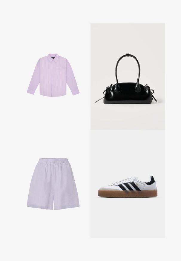 Camisa de manga larga con botones, con rayas verticales rosas, azules y blancas y un bolsillo en el pecho sobre un fondo blanco.; Pantalones cortos de lavanda clara hechos de una tela suave, con una cinturilla elástica y un corte relajado, presentando un diseño simple y sin adornos.; Zapatillas de cuero blancas con rayas negras, suela de goma, puntera redonda, cierre de cordones y caperuza de ante gris suave.; Pequeño bolso negro brillante con dos asas largas y detalles de cordón lateral sobre un fondo claro liso.