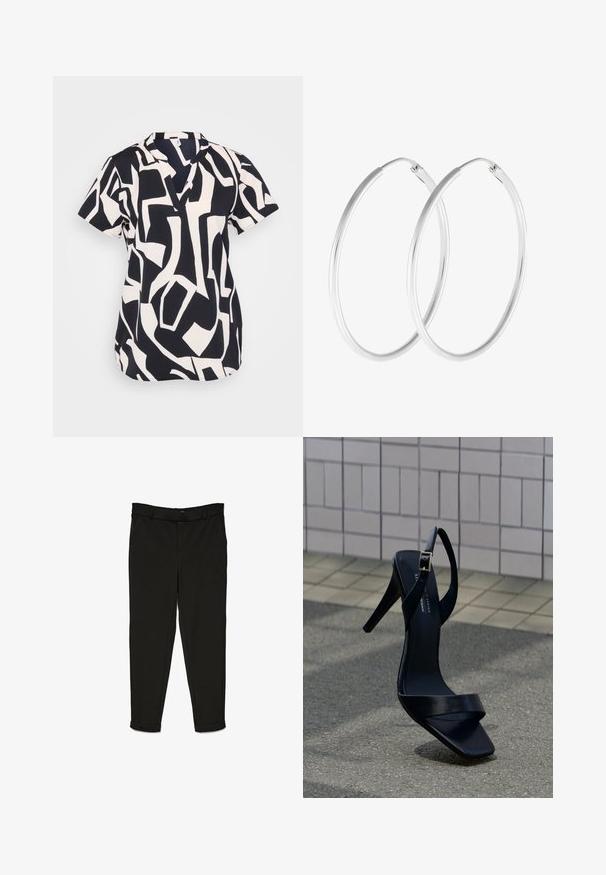 Blusa de manga corta en azul marino y crema con un patrón geométrico abstracto, con un escote en pico y un corte relajado. Tejido texturizado.; Pantalones negros de tela tejida, con un diseño de corte recto, parte delantera plana y puños en los tobillos para un aspecto estilizado.; Sandalia negra de tacón alto con correa en el tobillo y punta cuadrada, situada sobre el pavimento frente a una pared con azulejos.; Pendientes de aro en tono plateado con forma redonda y un acabado pulido. Ambos pendientes son del mismo tamaño y cuentan con un mecanismo de cierre seguro.