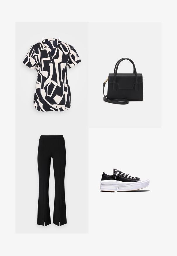 Kurzärmlige Bluse in Marineblau und Creme mit einem abstrakten geometrischen Muster, ausgestattet mit einem V-Ausschnitt und einem lockeren Schnitt. Strukturierter Stoff.; Schwarze, ausgestellte Hosen aus einem dehnbaren Stoff, mit hoher Taille und Schlitzen am Knöchel für zusätzliche Details und Bewegungsfreiheit.; Schwarzer, niedriger Canvas-Sneaker mit weißen Schnürsenkeln und dicker, mehrlagiger weißer Gummisohle vor weißem Hintergrund.; Schwarze strukturierte Handtasche aus Leder mit einem oberen Tragegriff, abnehmbarem Schulterriemen und einer Klappe auf der Vorderseite. Akzente in Goldmetall.