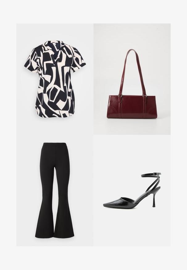 Kurzärmlige Bluse in Marineblau und Creme mit einem abstrakten geometrischen Muster, ausgestattet mit einem V-Ausschnitt und einem lockeren Schnitt. Strukturierter Stoff.; Schwarze, ausgestellte Leggings aus dehnbarem Material, mit einem hohen Taillenbund und einer glatten Textur, die sich bis zu einem weiten Saum an den Knöcheln verjüngen.; Schwarzer spitzer High Heel mit dünnen Knöchelriemen und silberner Schnalle auf einfachem hellem Hintergrund.; Burgunderfarbene Handtasche aus glänzendem Material, rechteckige Form, mit zwei Schulterriemen und subtilen, geschwungenen Akzenten an der Vorderseite.