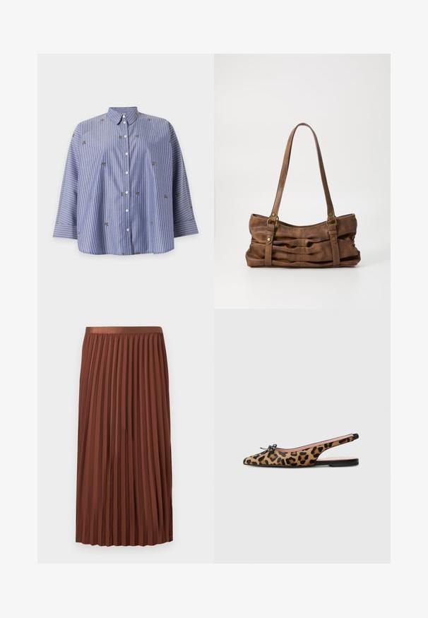 Chemise bleue à boutons avec rayures verticales blanches et petits motifs d'abeilles brodés, avec un col classique et des manches trois-quarts.; Jupe plissée marron mi-longue avec taille élastique, suspendue à plat sur un fond blanc.; Pretty Ballerinas MURABI - Ballerines à brides arrière - brown; Even&Odd by Zalando Sac à main - brown
