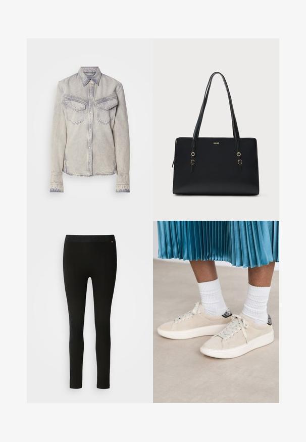 Lysvasket denimskjorte med spidse kraver, to brystlommer og knaplukning. Har kontrastsyet og frynset kant.; Sorte leggings med en glat tekstur, featuring en fleksibel talje og diskret sømdetalje. Ingen mønstre eller hardware er til stede.; Beige ruskindsneakers med en hvid gummisål og snørebåndsdesign. Accentueret med en struktureret sort hælflap. Båret med hvide ribbede sokker.; Sort lædertaske med to lange håndtag, guldfarvede metaldele og en logo prægning på forsiden. Glat tekstur og rektangulær form.
