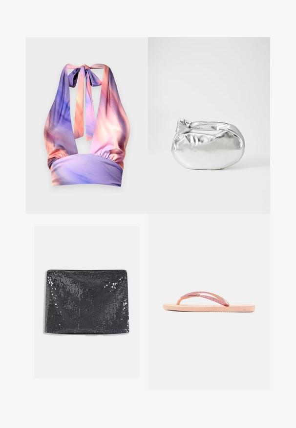 Halterneck-Top aus weichem Stoff in sanften Farbtönen von Pastellrosa und Lila, mit gerafftem Elastikband und Bändern im Rücken.; Schwarze Clutch-Tasche mit rechteckiger Form, ausgestattet mit einer glatten Textur und reflektierenden Pailletten, die die Oberfläche für zusätzlichen Glanz bedecken.; Rosa Flip-Flop mit einem glitzernden Riemen, strukturiertem Gummisohle und einfachem flachen Design. Akzente beinhalten ein glänzendes Verbindungsstück.; Silberne metallic Pouch-Tasche mit einer sanften, abgerundeten Form und einem geknoteten Verschluss oben. Hergestellt aus glattem Kunstleder.