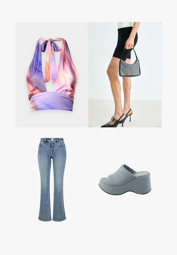 Halter top vyrobený z jemného materiálu s odtieňmi pastelovej ružovej a fialovej, so zberanou elastickou páskou a viazaním na chrbte.; Rovné denimové džínsy vo svetlom modrom odtieni s hladkou textúrou, vysokým pásom, zadnými vreckami a akcentmi šitia. Majú jemný vyblednutý efekt.; Svetlomodré platformové šľapky so zfrkanou textíliou, otvorenou špičkou, hrubou okrúhlou podrážkou a textúrovanou šedou podrážkou.; Čierna korálková kabelka s zakriveným siluetom, nosnou rukoväťou a lesklou textúrou. Nosená s vysokými čiernymi topánkami na opätku a priliehavými čiernymi šortkami.