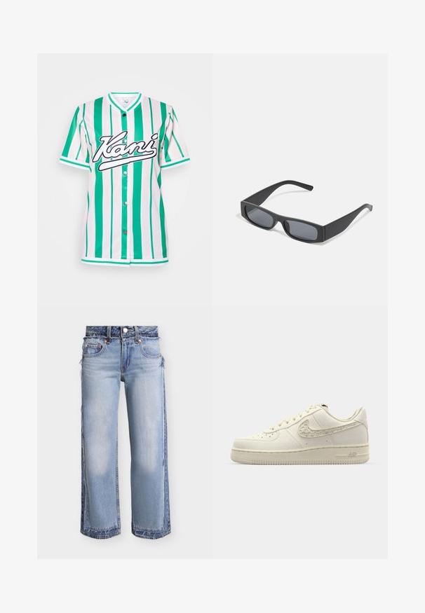 Jersey de manga corta en rayas verticales verdes y blancas, con un cuello redondo, botones a presión y un logo bordado en negro que dice "Kani".; Vaqueros de pierna ancha en azul claro con paneles de denim superpuestos, bordes deshilachados y diseño estándar de cinco bolsillos.; Zapatillas Nike Air Force 1 en lona color blanco roto, con un swoosh texturizado, puntera redonda, cordones planos y una suela de goma con patrón.; Gafas de sol negras rectangulares con lentes oscuros y montura gruesa mate. Las varillas son ligeramente cónicas con una textura suave.