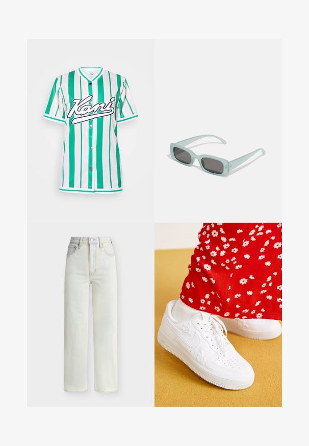 T-shirt met korte mouwen in groen en witte verticale strepen, met een ronde hals, drukknoopjes en een zwart geborduurd "Kani" logo.; Lichtblauwe denim jeans met hoge taille, rechte pijpen, vooraan sluiting met knopen en rits, en een ontwerp met vijf zakken.; Witte leren sneakers met bloemige reliëfaccenten, ronde neus en een gestructureerde rubberen zool. In combinatie met rode broek met witte bloemenprint.; Een paar rechthoekige zonnebrillen met lichtblauwe doorzichtige monturen en donkergrijze glazen, met rechte pootjes en minimale hardwaredetails.